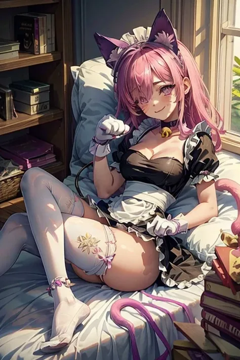 pinku_pawlette, cat_ears, cat_tail, pink_hair, purple_eyes, hair_over_one_eye maid, maid_uniform, maid_headdress, dress, paw_gloves, cat_paws, white_legwear, neck_bell, bell, shoes, lie in bed, smiling, blushing