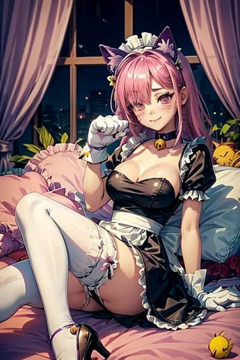 pinku_pawlette, cat_ears, cat_tail, pink_hair, purple_eyes, hair_over_one_eye maid, maid_uniform, maid_headdress, dress, paw_gloves, cat_paws, white_legwear, neck_bell, bell, shoes, lie in bed, smiling, blushing