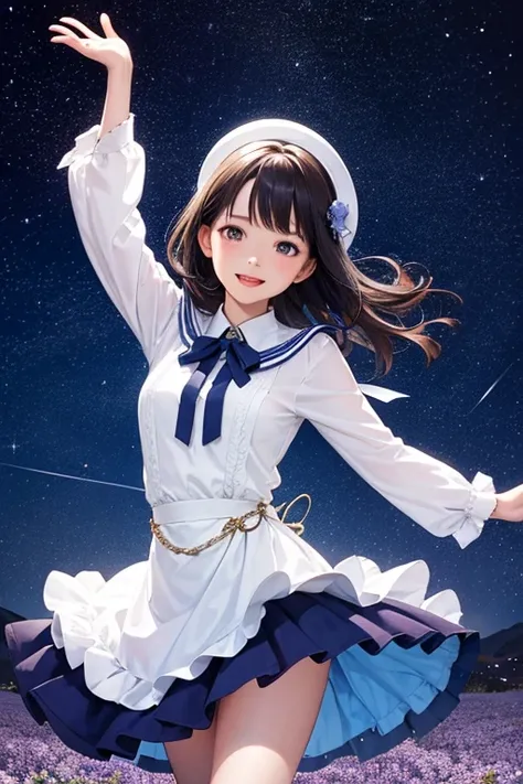 A girl dancing happily under the starry sky
