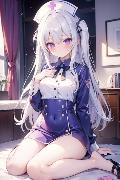 One girl with long hair, white hair, banglue inner hair:1.25) , purple eyes, looking at viewer, blushing, embarrassed, (embarrassed:1.2), nurse, nurse hat, indoor, bedroom, slim, dizzy, mid-chest, wide hips, perfect waist, day atmosphere, hair ornament, ba...