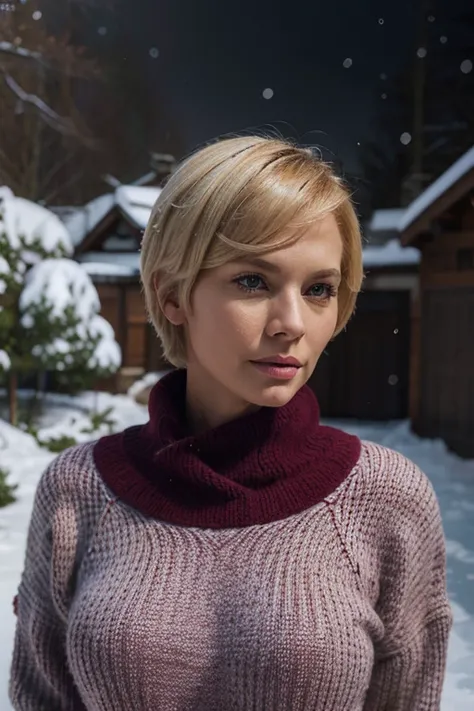 Super realism, studio photo for a magazine. background viburnum in the snow. amazingly beautiful woman 55 years old. blond short hair. burgundy sweater with a high collar. Hyper realism, 8K,