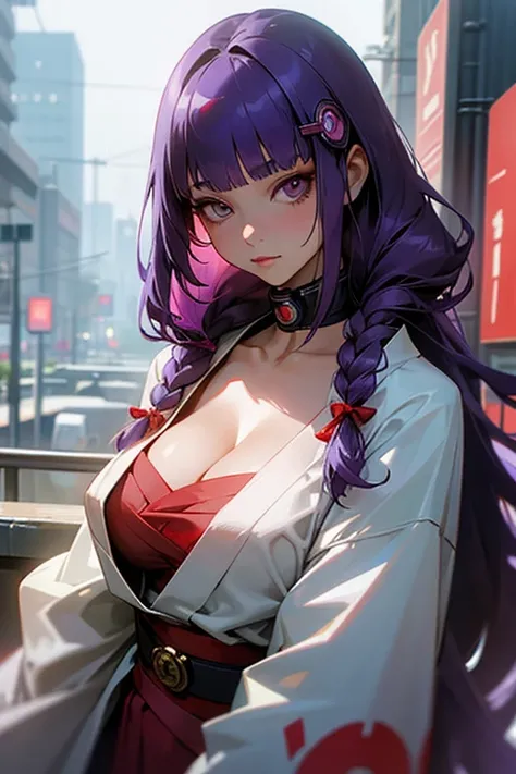 1 girl, Blunt bangs, Braiding, Wide sleeves, hair ornaments, kimono, Red belt, (Purple Hair:1.2), Very long hair, Straight hair, Looking at the audience, Highly detailed background, (Realistic:1.2), Beautiful Eyes, Red eyeshadow, Written boundary depth，thi...