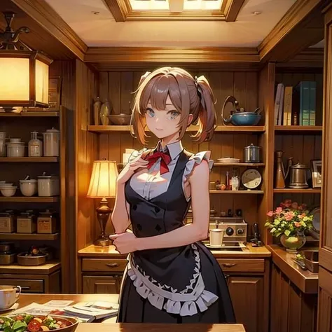 A group of maids, (in kitchen), various hair styles, harem, wearing maid uniform, night, details face, , short skirt, seducing, sleeveless , night, starry night 