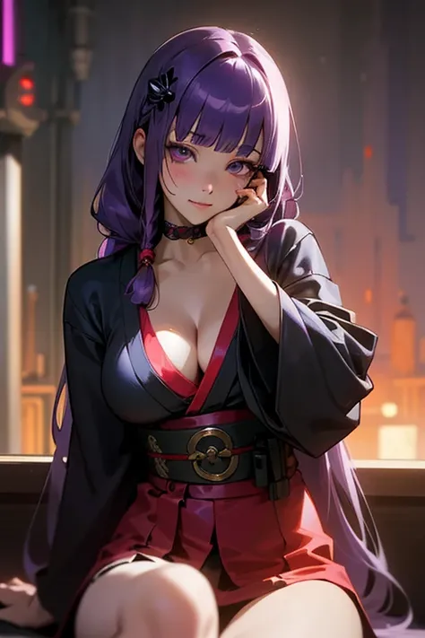 1 girl, Blunt bangs, Braiding, Wide sleeves, hair ornaments, kimono, Red belt, (Purple Hair:1.2), Very long hair, Straight hair, Looking at the audience, Highly detailed background, (Realistic:1.2), Beautiful Eyes, Red eyeshadow, Written boundary depth，thi...