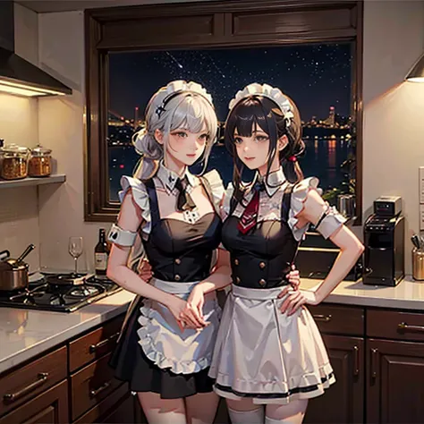 A group of maids, (in kitchen), various hair styles, harem, wearing maid uniform, night, details face, , short skirt, seducing, sleeveless , night, starry night 