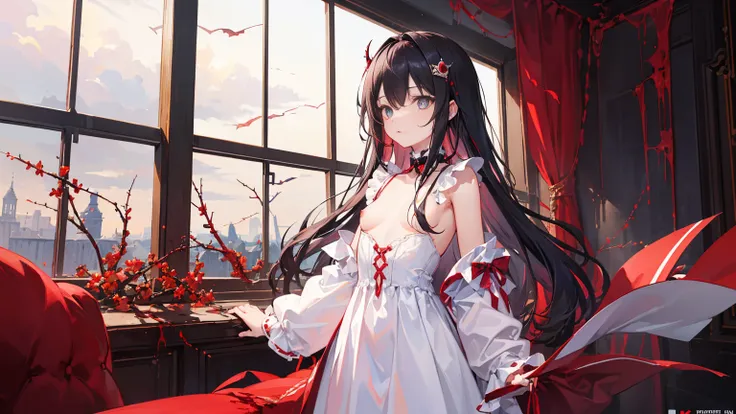 individual，masterpiece, Top quality, Very detailed, Unity 8K Wallpaper，Standing，Lean forward，Yandere，Yandere笑，flat chest，White long hair，Royal sister，White translucent lace nipple cover，Blood，Blood red thorns，Blood-colored pupils，Blood，nipple