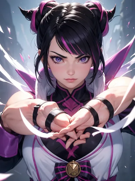 Juri Han, street fighter(master part, best quality, ultra-detalhado, Melhor sombra), (Antecedentes detalhados, Olhando para o Viewer, Serious, irritado), Rosto detalhado, (best ilumination), ((Cinematic light)), colorido, hiper detalhe, dramatic light, det...