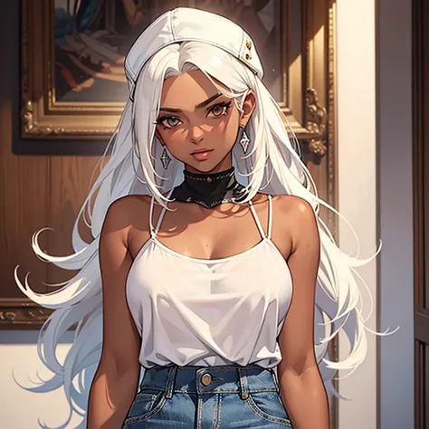 ((best quality)), ((masterpiece)), (detailed),High quality, Ultra detailed, best quality, insanely detailed, beautiful, masterpiece, 
White hair, long hair, (tanned skin:1.3),woman,20s,track cap ,camisole,denim