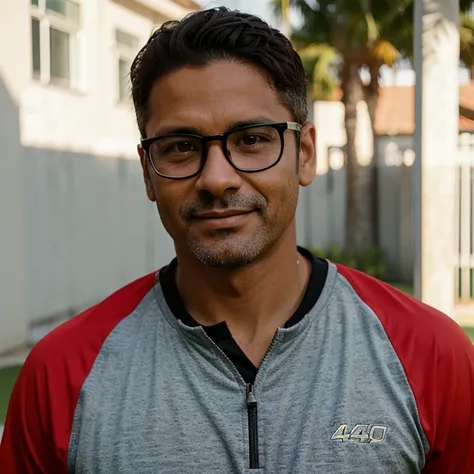 A soccer coach with glasses, 40 years old, and latino