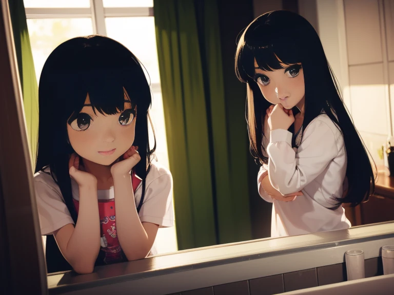 Beautiful girl in her first year of high school、First morning of school、In front of the mirror in my room、cute、perfection、and、Talking to yourself　#anime