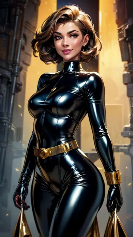 (best quality, 8k, masterpiece, ultra-detailed),super hero Woman 32 years-old,black short hair,beautiful detailed face, big eyelashes,little smile,small breasts,minimum waist,golden armlets,((((latex suit)))),gold belt,futuristic spaceship scenario, dynami...