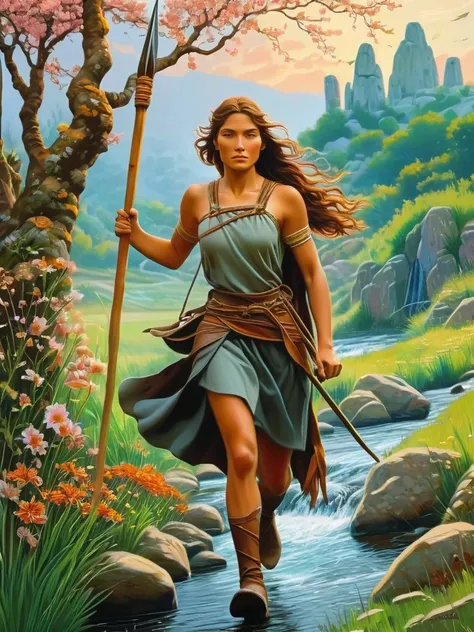 Create a picture of A beautiful fit and athletic Neolithic European Female Hunter in a Neolithic Flowery Woods during Neolithic Spring, detailed beautiful face, carrying her new big and long spears with strong sharp copper tip, wearing hunter leather prote...