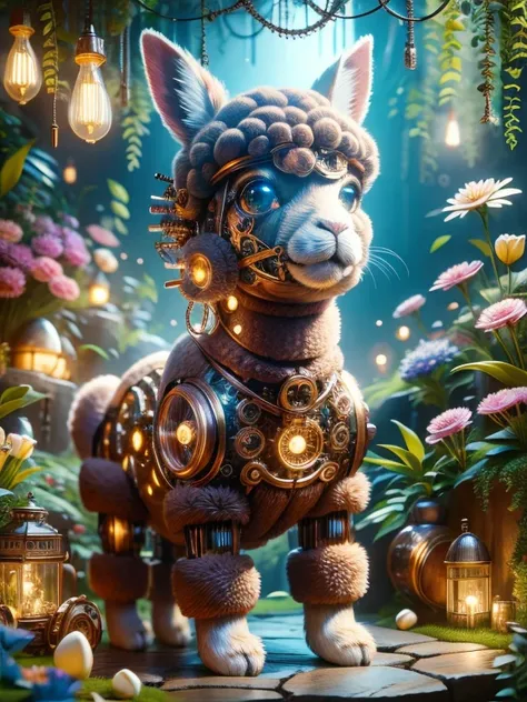 ((Cute mechanical alpaca)), ((solo)), Its body is made of fine copper and silver components, Its eyes are like two sparkling gems., transparent, Under the neon lights, High-precision mechanical parts work together to create a sparkling effect, Surrounded b...