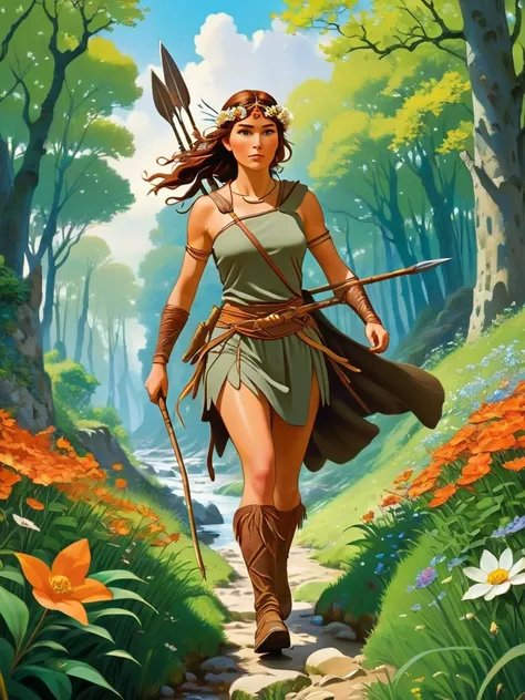 Create a picture of A beautiful fit and athletic Neolithic European Female Hunter in a Neolithic Flowery Woods during Neolithic Spring, detailed beautiful face, carrying her new big and long spears with strong sharp copper tip, wearing hunter leather prote...