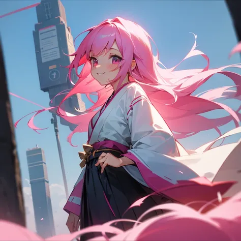 cute anime girl looking at view,pink hair,pink eyes,medium long hair,smile,using japanese 