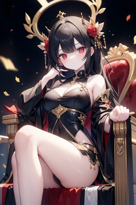 scene:0.9, (masterpiece), (((highly detailed, 8k quality))), high quality, (a girl, sitting majestically on a throne), ((wearing a golden crown)), (long black hair, side bangs), (full body:0.7), ((torso)), perfect fingers, (hands on armrests), wide shot:0....