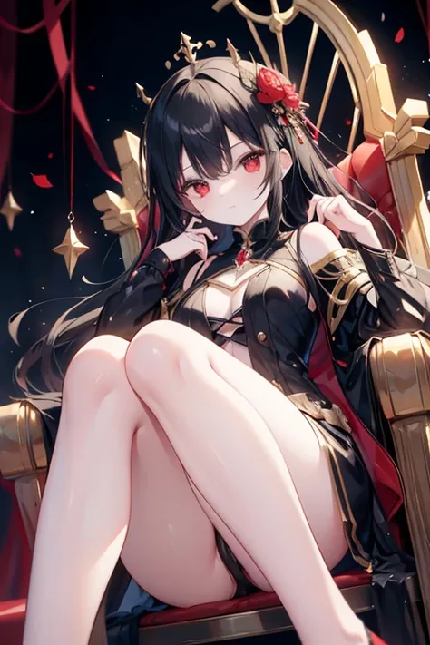 scene:0.9, (masterpiece), (((highly detailed, 8k quality))), high quality, (a girl, sitting majestically on a throne), ((wearing a golden crown)), (long black hair, side bangs), (full body:0.7), ((torso)), perfect fingers, (hands on armrests), wide shot:0....