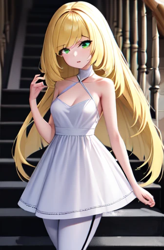 ((best quality)), ((Very detailed)), masterpiece, absurd, (Delicate eyes, Deep eyes), (1 Girl), Cowboy shooting, Lusamin, blond, Very long hair, Green Eyes, Medium breasts, (No white dress), No sleeveless dress, Green gemstones, No white leggings, High hee...