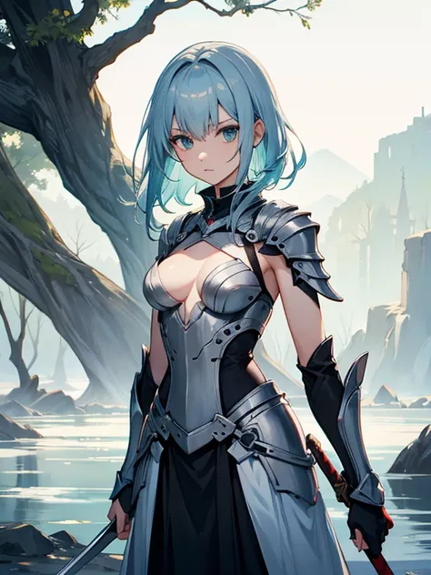 woman　slender　Fantasy　sword士　Light clothing　armor　sword　Blonde　 Silver Hair　 Red hair　 Green Hair　Blue Hair　Half naked　Backwards　Landscape　