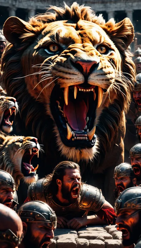 Under the gaze of thousands, the Roman Colosseum becomes a stage for horror. Prisoners tremble as they are met with ravenous lions and relentless gladiators, their bloodcurdling screams becoming the chorus to a macabre show of death, background dark, hyper...