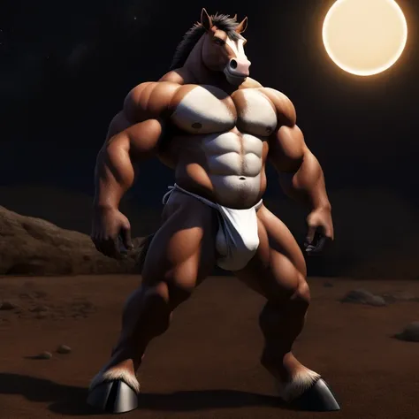 Furry, Antro, [Horse color Marron Oscuro metal] , [Fundoshi Bulto Male Big], [Fundoshi Blanco], Solo, [Bulto Male Big], Hooves , Big Balls, Detallado 4k, cuerpo completo, cuerpo furry Marron dark, fondo Desierto con Eclipse solar, pupil Eyes blue, Alta res...