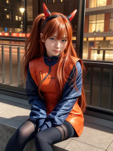 Tomorrow Shang Langrui, Asuka Langley Soryu, blue eyes, Hair between the eyes, headgear, Interface Headset, Orange Hair, break the tights, Long sleeve, coat, Red leotard, Outdoor rest, city, BREAK Watch Viewers, break (masterpiece:1.2), highest quality, Hi...