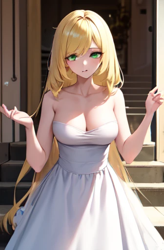 ((best quality)), ((Very detailed)), masterpiece, absurd, (Delicate eyes, Deep eyes), (1 Girl), Cowboy shooting, Lusamin, blond, Very long hair, Green Eyes, Medium breasts, (No white dress), completely naked, Green gemstones, High heel, white shoes, (indoo...