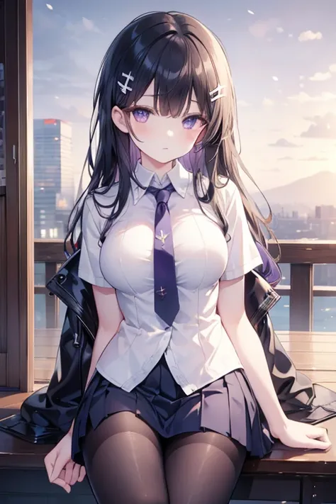 maisakurajima, sakurajima mai, long hair, bangs, black hair, hair ornament, (purple eyes:1.1), hairclip,
BREAK skirt, shirt, , white shirt, short sleeves, pantyhose, pleated skirt, collared shirt, blue skirt, black pantyhose, red necktie, jacket, brown jac...