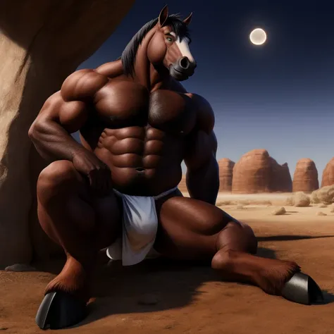 Furry, Antro, [Horse color Marron Oscuro metal] , [Fundoshi Bulto Male Big], [Fundoshi Blanco], Solo, [Bulto Male Big], Hooves , Big Balls, Detallado 4k, cuerpo completo, cuerpo furry Marron dark, fondo Desierto con Eclipse solar, pupil Eyes blue, Alta res...