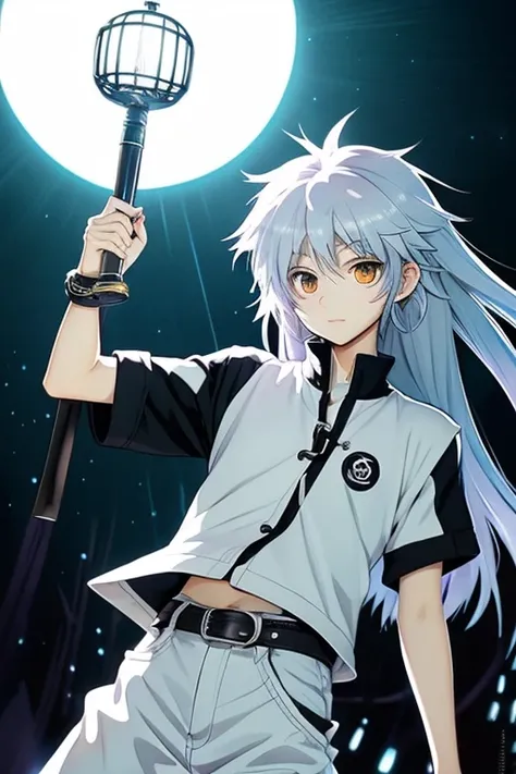 Popular Manga『hunter hunter』Create an illustration of the character Killua。Killua is young々Good looks、She has long silver hair and large eyes.。His attire is distinctive: a white shirt and shorts、In addition, long boots up to the ankles are drawn.。His expre...