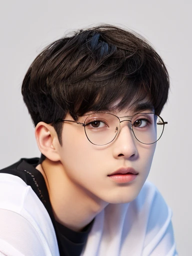 a handsome young 19 year old boy with black doe eyes and perfect white skin, glasses and an earring on his left ear, a birthmark scar on his neck and black fluffy hair, hes posing for a picture, wearing an oversized black tshirt and an some basketball shor...