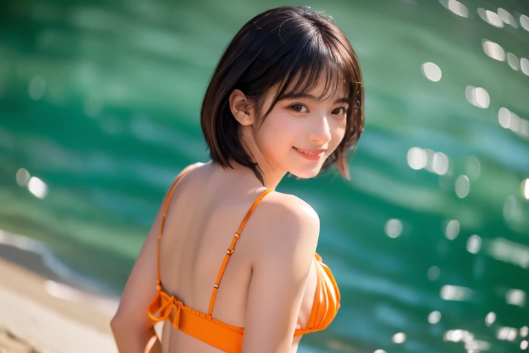 1 girl, masterpiece, Very detailed, (Shine), ((beautiful delicate Shine)), Intricate details, Lens flare, Black Hair,short hair,Orange bikini swimsuit, hair ornament, (Particles of light), put your arms behind your back, Medium Chest, [take up], Cowboy Sho...