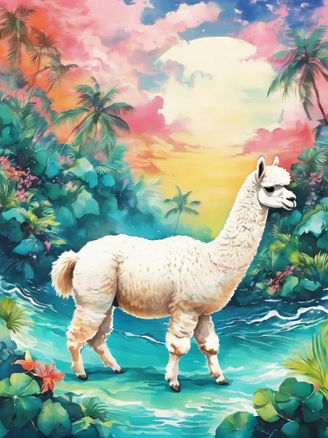 Imaginative illustrations，Tropical theme colors，(portrait:1.8)，(Fluffy Alpaca:1.5)，(personification:1.3)，(Alpaca Focus:1.5)，Bright colors，Gorgeous，Dazzling accessories，Expressive faces，Standing，Luxurious fur，Shine brightly，warm sunshine，neon green，Intense ...