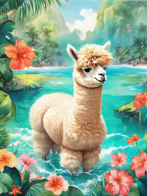 Imaginative illustrations，Tropical theme colors，(portrait:1.8)，(Fluffy Alpaca:1.5)，(personification:1.3)，(Alpaca Focus:1.5)，Bright colors，Gorgeous，Dazzling accessories，Expressive faces，Standing，Luxurious fur，Shine brightly，warm sunshine，neon green，Intense ...