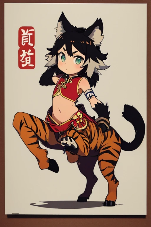 Tiger Girl、2 Men Arms、Four tiger legs、Quadrupedal、delicate、Delicate face、tiger ears、Black braid hair、Flat chest、chinese clothes、(Exposed abdomen)、Ultra HD