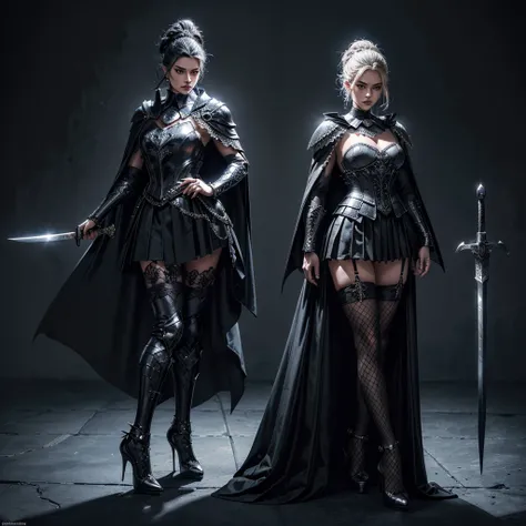 (tutututu),fishnet pantyhose,(high heels:1.3),
serious look pressed lips, (black updo:1.2), (black steel armor:1.1) and robes (cape:1.2) royalty ornate (embroidery:0.5) with sword, skinny (Gorget Plackart pauldron :1.3), (masterpiece:1.2) (illustration:1.1...