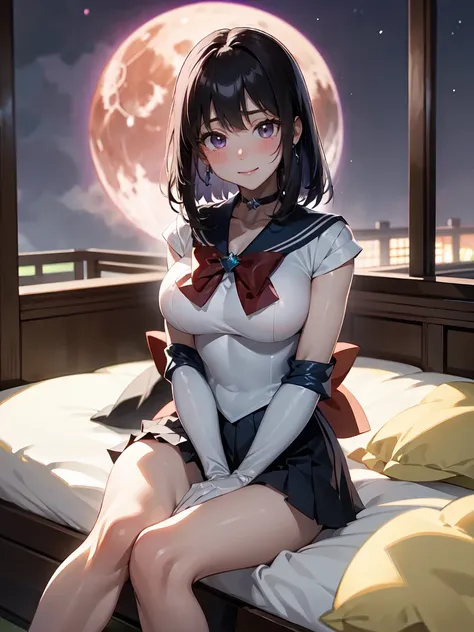 master piece,best quality,ultra detailed,8k,
ambient light,realistic skin,glossy skin,
（sailor_saturn）、
（lie on bed：1.2）、（lookin...