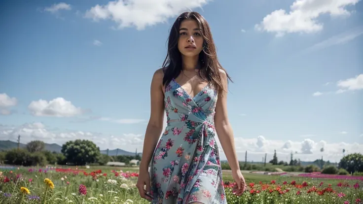 Beautiful Hispanic Latina woman wearing a summer dress with floral pattern on it, standing in a field of flowers, blue skies