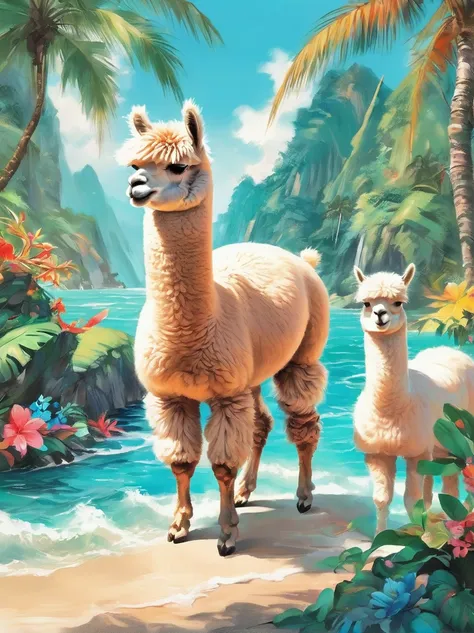 Imaginative illustrations，Tropical theme colors，(portrait:1.8)，(Fluffy Alpaca:1.5)，(personification:1.3)，(Alpaca Focus:1.5)，Bright colors，Gorgeous，Dazzling accessories，Expressive faces，Standing，Luxurious fur，Shine brightly，warm sunshine，neon green，Intense ...