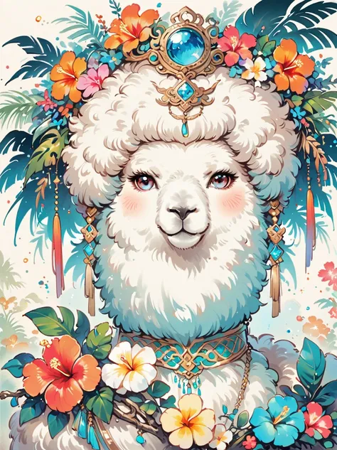 imaginative illustrations，tropical theme colors，(portrait:1.8)，(fluffy alpaca:1.5)，(personification:1.3)，(alpaca focus:1.5)，brig...