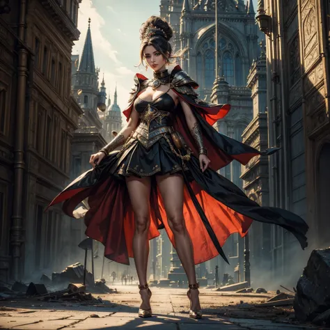 (tall girl with long legs), (standing pose), (body facing to the viewer),(tutututu), (high heels:1.3),full huge breasts,huge round breasts, 1 girl, (black updo:1.2), (black steel armor:1.1) and red robes (short cape) royalty ornate (embroidery:0.5), skinny...