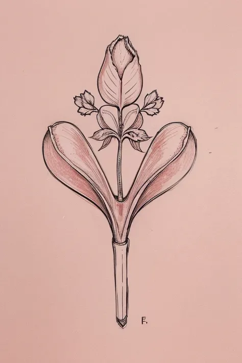 contour drawing of a uterus with flowers and leaves on a plain pink background 