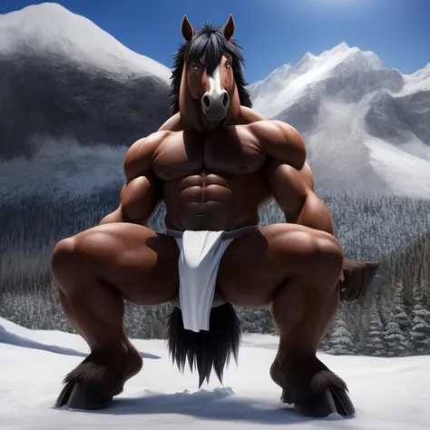 Furry, Antro, [Horse color Marron Oscuro metal] , [Fundoshi Bulto Male Big], [Fundoshi BLANCO], Solo, [Bulto Male Big], Hooves , Big Balls, Detallado 4k, cuerpo completo, cuerpo furry Marron dark, snowy mountain background, pupil Eyes blue, Alta resolucion...