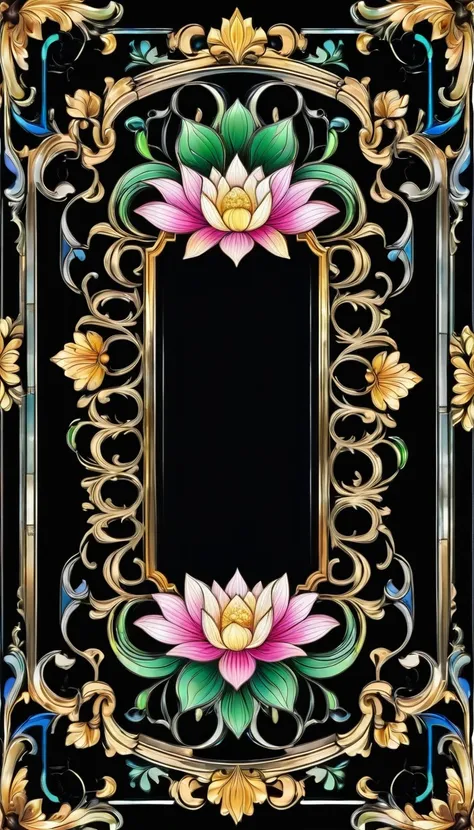 Black background　Baroque rectangular frame in the center　Lotus flower stained glass　