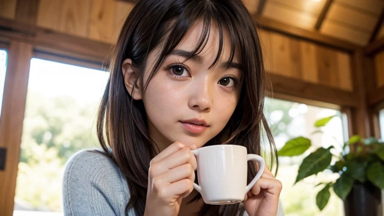 A young girl holds a cup of coffee in her hands, Girl Cute - Delicate Face, Cute and natural anime face, With a cute and delicate face, Sakimi Chen, Chiho, Yoshitomo Nara, Young cute face, Beautiful Japanese girl face, Brown hair and big eyes, Cute kawaii ...