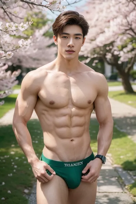 top quality,masterpiece,ultra high resolution,(realistic: 1.4),1 person,handsome young man, 20 years old, brown hair,,Pectoral muscles perfect,6-pack abs,thin waist,Slender figure, wearing only a micro thong, White skin stands under the cherry blossom tree...