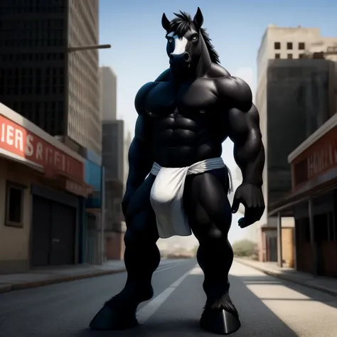 Furry, Antro, [Horse color Negro Oscuro metal] , [Fundoshi Bulto Male Big], [Fundoshi BLANCO], Solo, [Bulto Male Big], Hooves , Big Balls, Detallado 4k, cuerpo completo, cuerpo furry Negro dark, fondo ciudad moderna, pupil Eyes blue, Alta resolucion, 