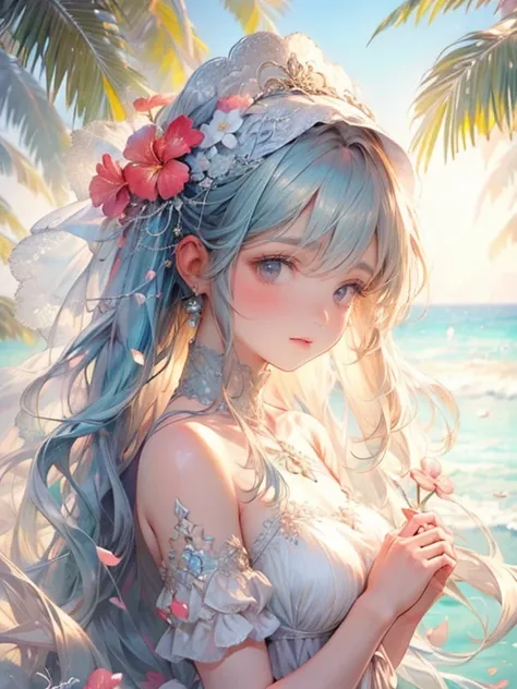 (best quality, highres,masterpiece:1.2, 8k, ultra-details:1.2, photorealistic:1.37), cute girl in 
 bright and sunny sandy beach wedding, pure white swimware that resembles a wedding dress, bangs, beautiful delicate (eyes, lips), holding a bouquet tightly,...