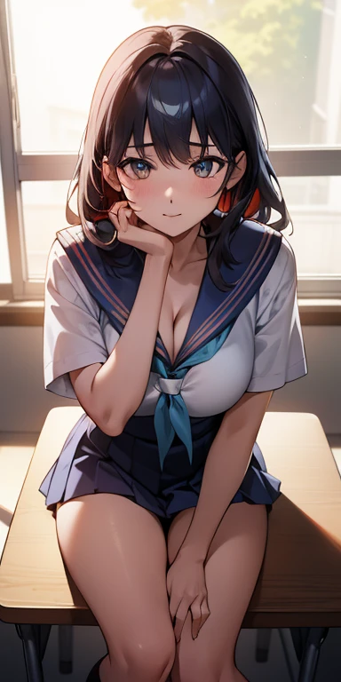 Blue-orange curls are curved inward，，There is a strong sense of freshness and freshness,girl with,((serafuku)), hands on ones face, Elbows on the desk, Sit up, ‎Classroom, sunlights, window, see the beholder, Face in Love, I can see the cleavage:1.2, The f...