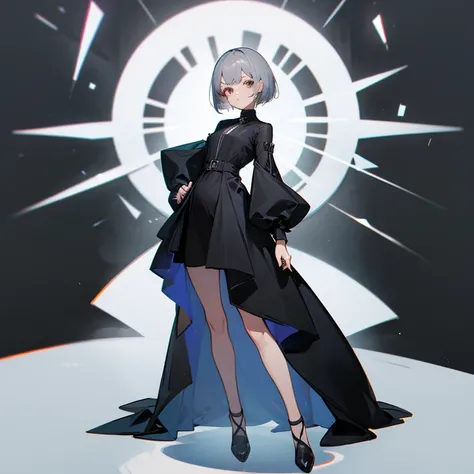 A woman, full body, wearing a short black knee-length dress, short gray hair, Her face looks cute but her face is serious, The background is white, 